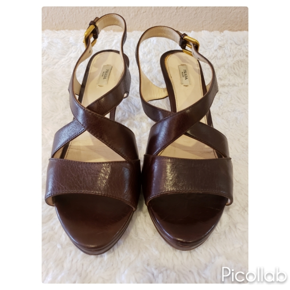PRADA Brown Leather Criss Cross Peep Toe Slingback - Picture 6 of 11